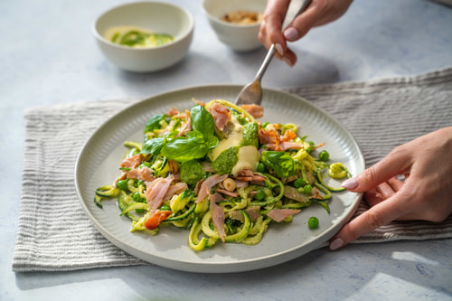 Macadamia pesto zoodles with Farmland ham